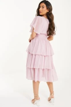 Petite Pink Chiffon Tiered Midi Dress -Glamourista 00100036469 XB