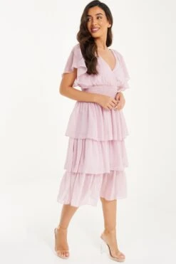 Petite Pink Chiffon Tiered Midi Dress -Glamourista 00100036469 XS