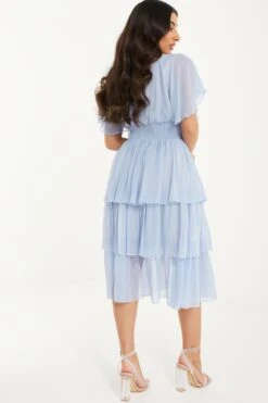 Petite Blue Chiffon Tiered Midi Dress -Glamourista 00100036470 XB