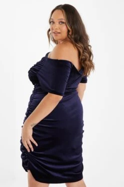 Curve Navy Velvet Ruched Midi Dress -Glamourista 00100036480 XB
