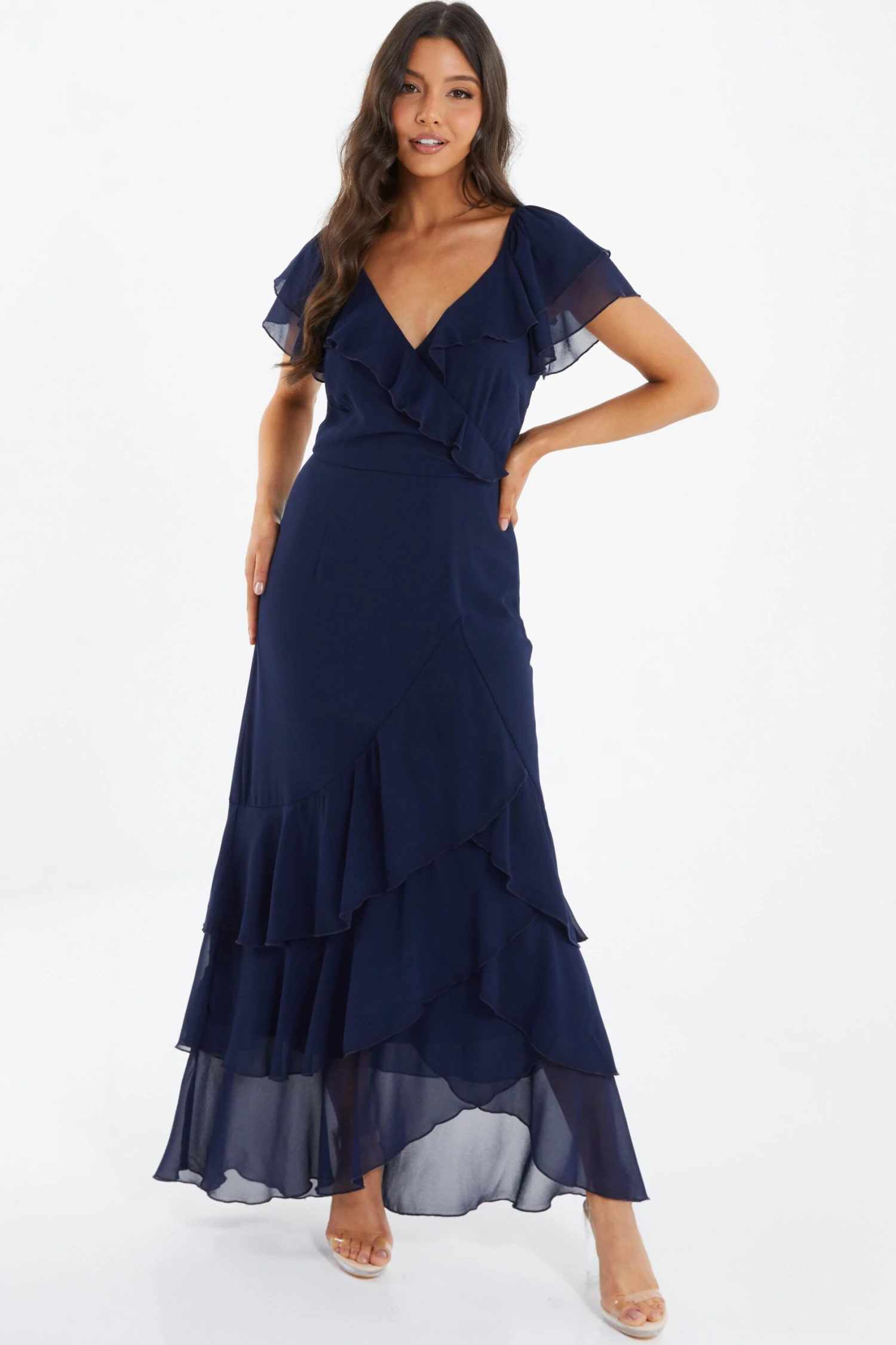 Navy Chiffon Frill Maxi Dress 2 Navy Chiffon Frill Maxi Dress - Image 2