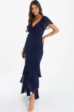 Navy Chiffon Frill Maxi Dress 9 Navy Chiffon Frill Maxi Dress -Glamourista 00100036490 XS