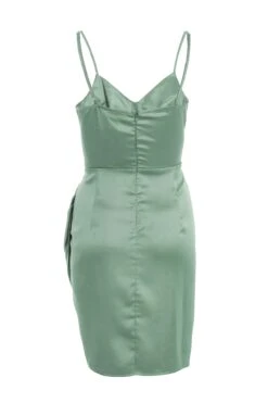 Sage Satin Ruched Bodycon Mini Dress -Glamourista 00100036492 ZB