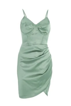 Sage Satin Ruched Bodycon Mini Dress