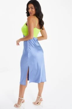 Blue Satin V Neck Midi Dress -Glamourista 00100036493 XB