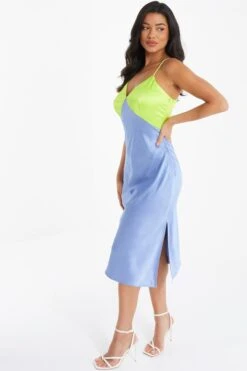 Blue Satin V Neck Midi Dress -Glamourista 00100036493 XS