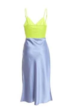 Blue Satin V Neck Midi Dress -Glamourista 00100036493 ZB