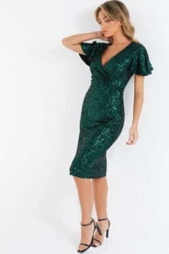 Bottle Green Sequin Wrap Midi Dress 9 Bottle Green Sequin Wrap Midi Dress -Glamourista 00100036494 XS