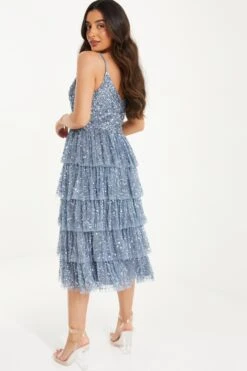 Petite Blue Sequin Tiered Midi Dress -Glamourista 00100036497 XB