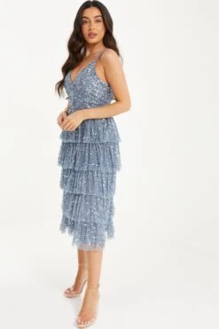 Petite Blue Sequin Tiered Midi Dress -Glamourista 00100036497 XS