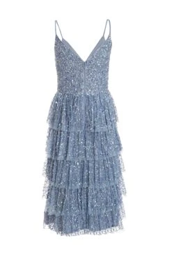Petite Blue Sequin Tiered Midi Dress -Glamourista 00100036497 ZB