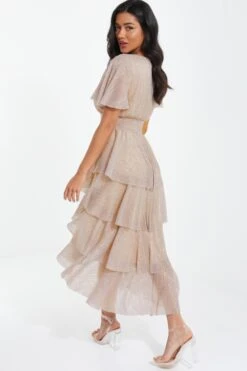 Champagne Chiffon Glitter Tiered Midi Dress -Glamourista 00100036518 XB