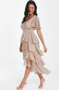 Champagne Chiffon Glitter Tiered Midi Dress -Glamourista 00100036518 XS