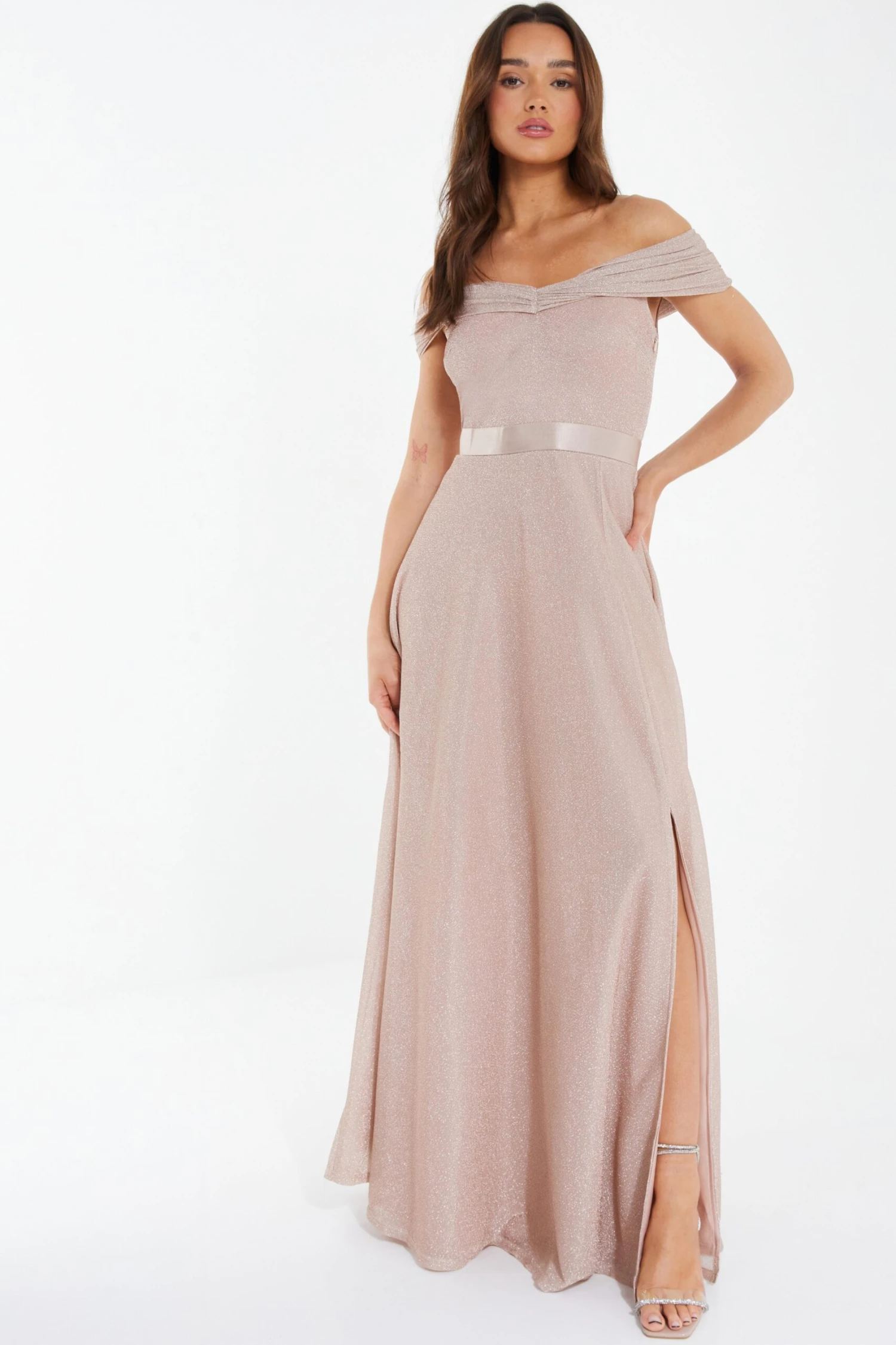 Champagne Bardot Glitter Maxi Dress 2 Champagne Bardot Glitter Maxi Dress - Image 2