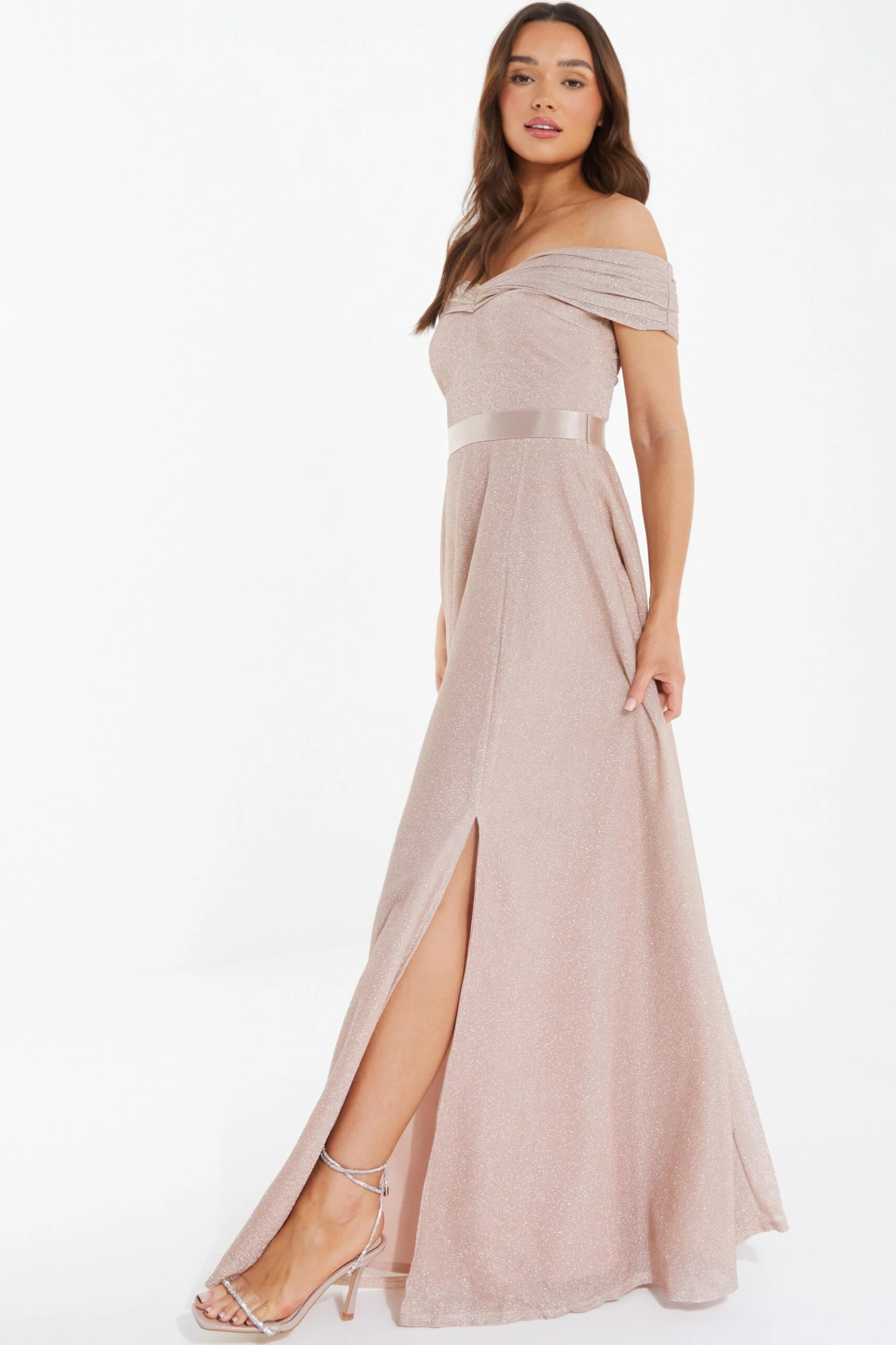 Champagne Bardot Glitter Maxi Dress 4 Champagne Bardot Glitter Maxi Dress - Image 4