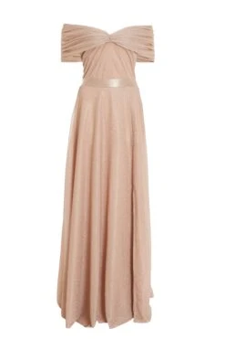 Champagne Bardot Glitter Maxi Dress