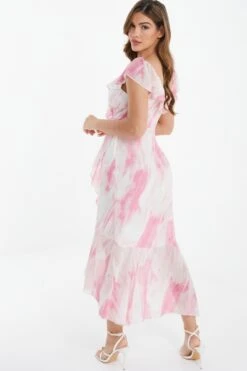 Pink Brush Stroke Frill Midaxi Dress -Glamourista 00100036520 XB