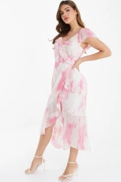 Pink Brush Stroke Frill Midaxi Dress -Glamourista 00100036520 XS