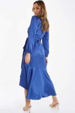 Blue Satin Wrap Midi Dress -Glamourista 00100036530 XB