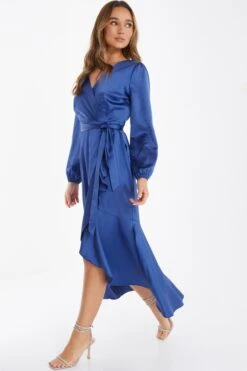 Blue Satin Wrap Midi Dress -Glamourista 00100036530 XS