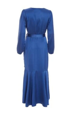 Blue Satin Wrap Midi Dress -Glamourista 00100036530 ZB