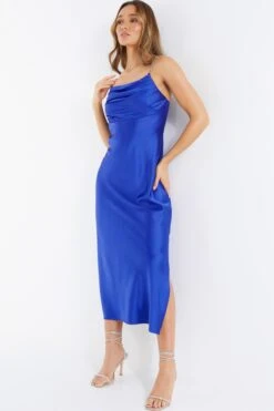 Blue Satin Diamante Midi Dress -Glamourista 00100036531 XS