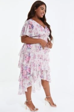 Curve Pink Chiffon Floral Dip Hem Tiered Midi Dress -Glamourista 00100036536 XS