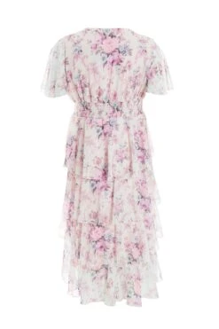 Curve Pink Chiffon Floral Dip Hem Tiered Midi Dress -Glamourista 00100036536 ZB