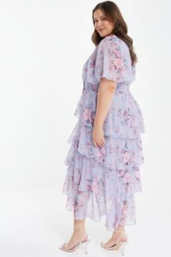 Curve Blue Chiffon Floral Dip Hem Tiered Midi Dress -Glamourista 00100036537 XB