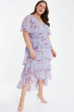 Curve Blue Chiffon Floral Dip Hem Tiered Midi Dress -Glamourista 00100036537 XS