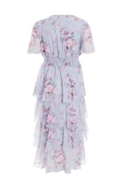Curve Blue Chiffon Floral Dip Hem Tiered Midi Dress -Glamourista 00100036537 ZB