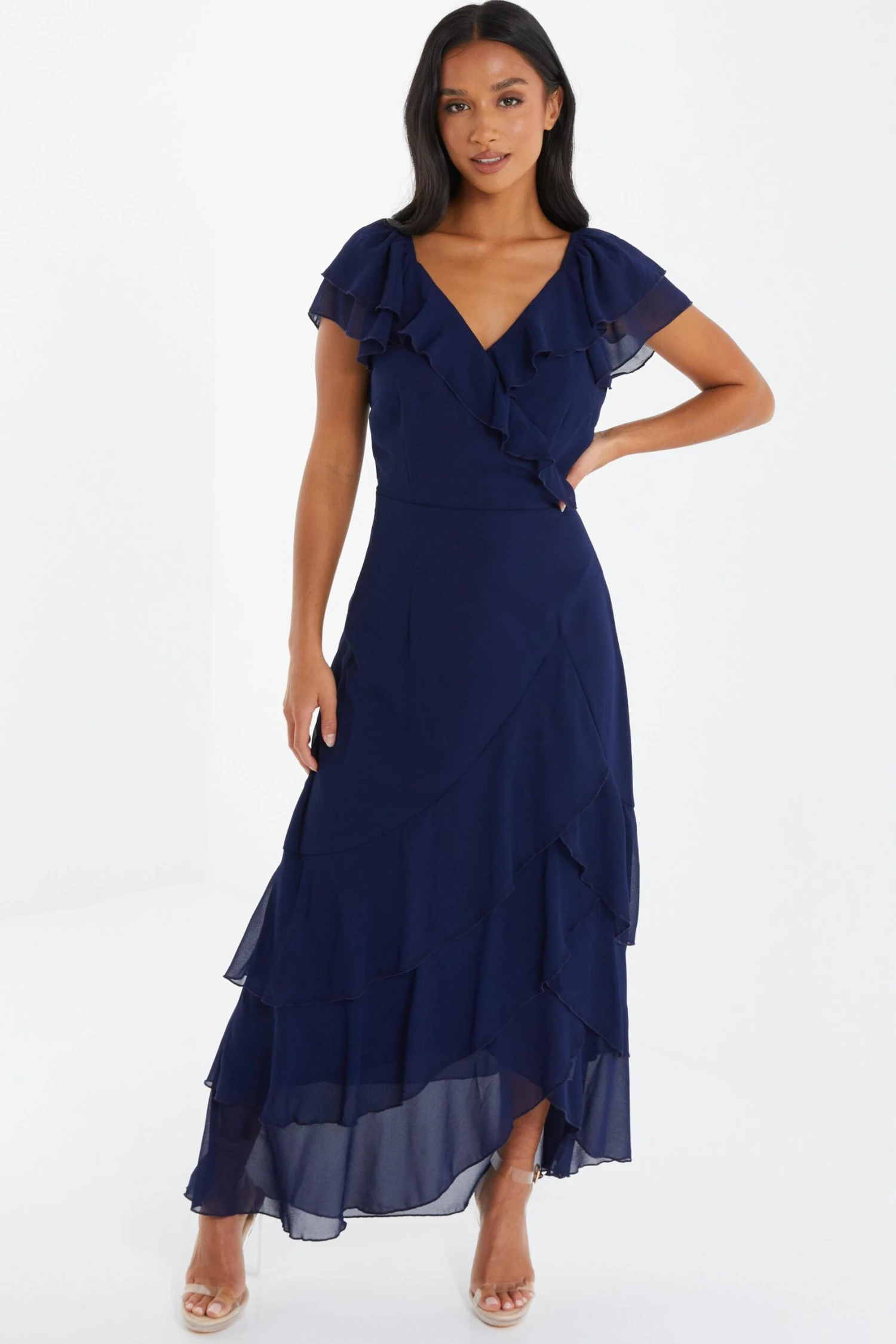 Petite Navy Chiffon Frill Maxi Dress 2 Petite Navy Chiffon Frill Maxi Dress - Image 2