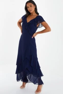 Petite Navy Chiffon Frill Maxi Dress 9 Petite Navy Chiffon Frill Maxi Dress -Glamourista 00100036541 XS