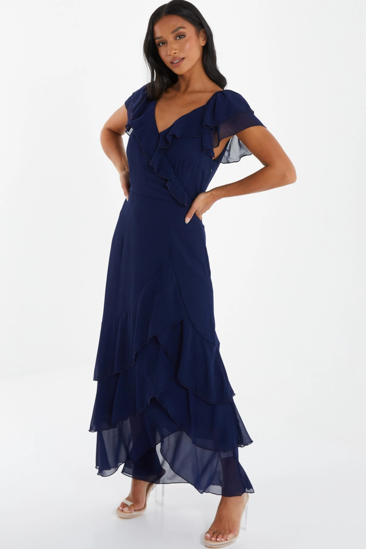 Petite Navy Chiffon Frill Maxi Dress 4 Petite Navy Chiffon Frill Maxi Dress - Image 4