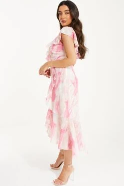 Petite Pink Brush Stroke Frill Midaxi Dress -Glamourista 00100036543 XS