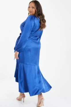Curve Blue Satin Wrap Midi Dress -Glamourista 00100036546 XB