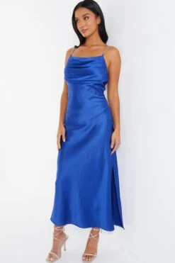 Petite Blue Satin Diamante Maxi Dress -Glamourista 00100036550 XS