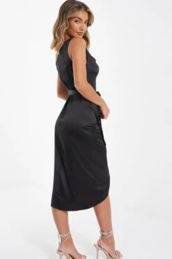 Black Satin One Shoulder Midi Dress -Glamourista 00100036593 XB