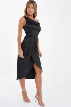 Black Satin One Shoulder Midi Dress -Glamourista 00100036593 XS