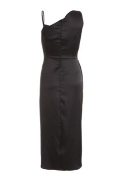 Black Satin One Shoulder Midi Dress -Glamourista 00100036593 ZB