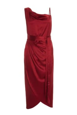 Berry Satin One Shoulder Midi Dress