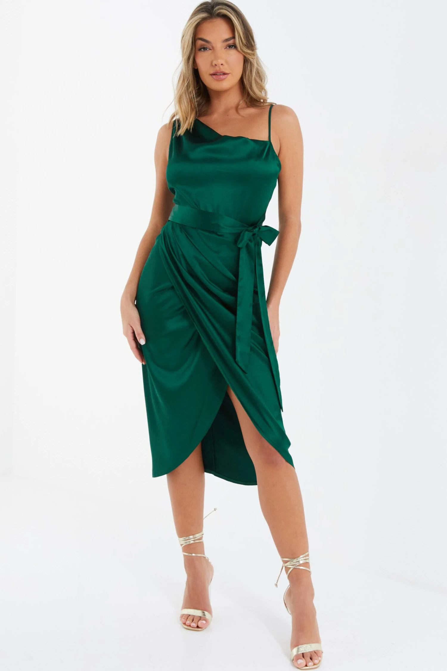 Bottle Green Satin One Shoulder Midi Dress 2 Bottle Green Satin One Shoulder Midi Dress - Image 2