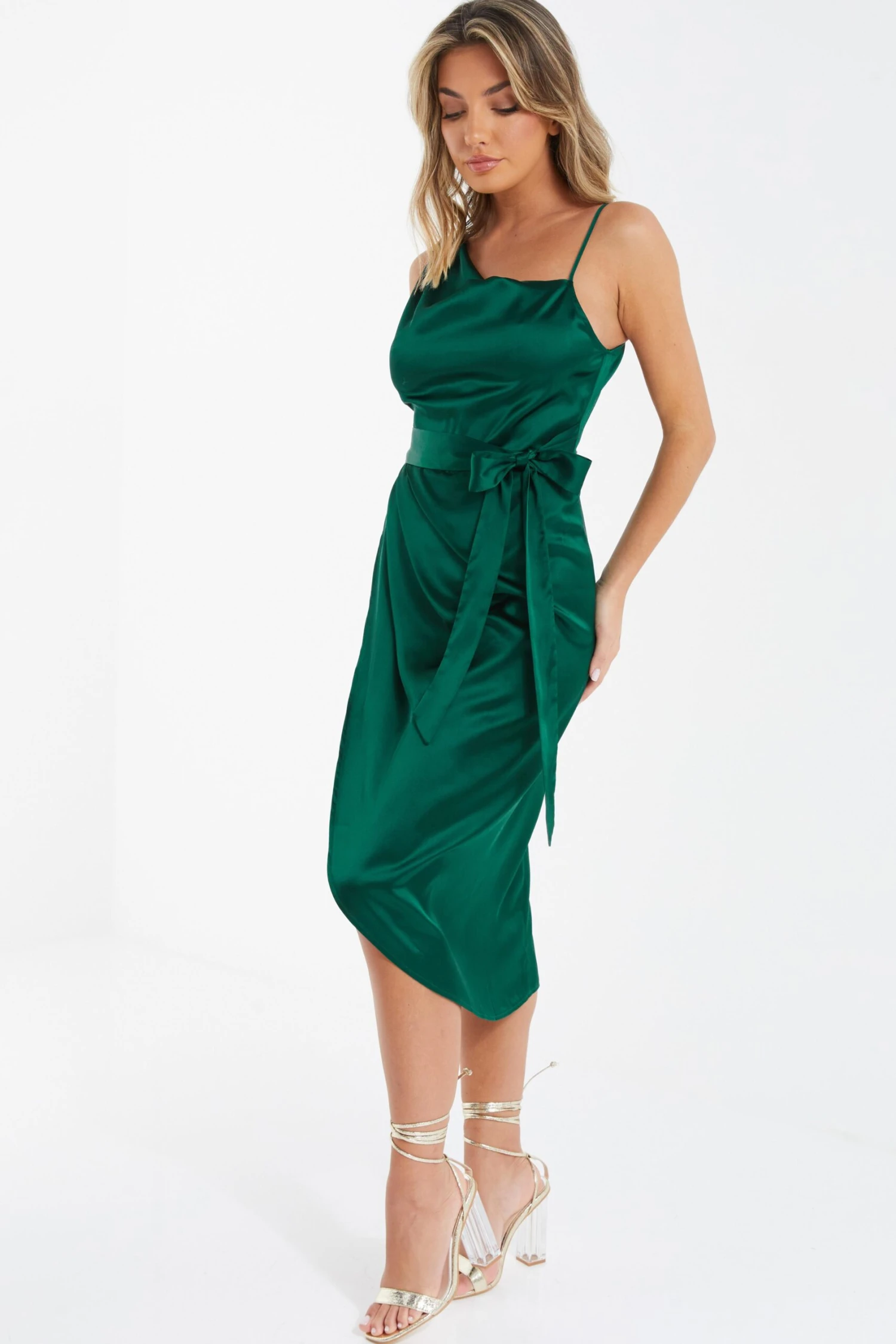 Bottle Green Satin One Shoulder Midi Dress 4 Bottle Green Satin One Shoulder Midi Dress - Image 4