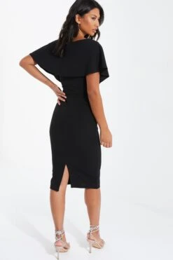 Black Angel Sleeve Wrap Midi Dress -Glamourista 00100036619 XB