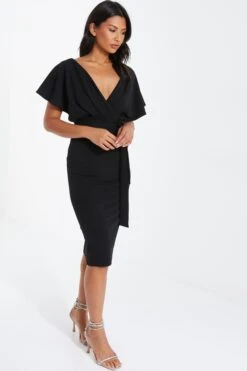 Black Angel Sleeve Wrap Midi Dress -Glamourista 00100036619 XS
