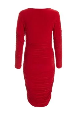 Red Ruched Long Sleeve Midi Dress -Glamourista 00100036624 ZB