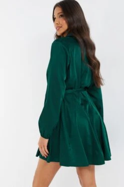 Bottle Green Diamante Shirt Mini Dress -Glamourista 00100036626 XB