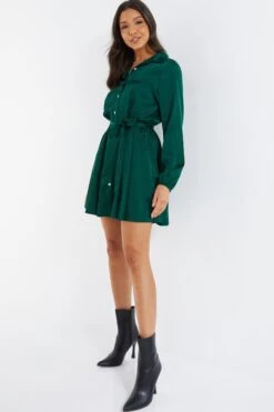 Bottle Green Diamante Shirt Mini Dress -Glamourista 00100036626 XS