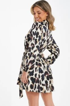 Stone Animal Print Satin Shirt Dress -Glamourista 00100036636 XB
