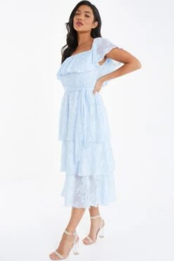 Light Blue Floral Jacquard Tiered Midi Dress -Glamourista 00100036640 XS